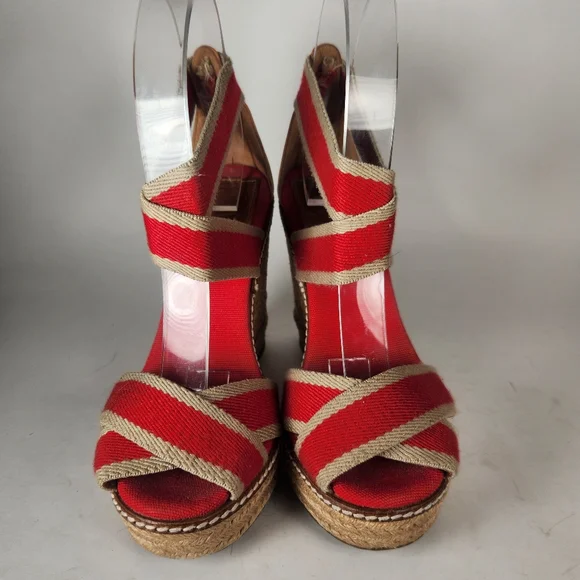 TORY BURCH Women's Adonis Espadrille Sandal Size 5 Red Wedge Leather Made Spain - Picture 3 of 12